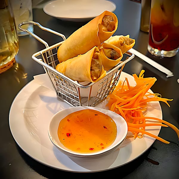 Crispy Thai spring rolls in a metal basket with sweet chili sauce and shredded carrots.