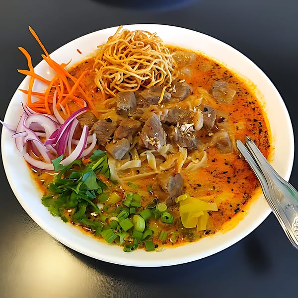 Close-up of a Thai Khao Soi dish with beef, noodles, and fresh vegetables in a rich curry broth.